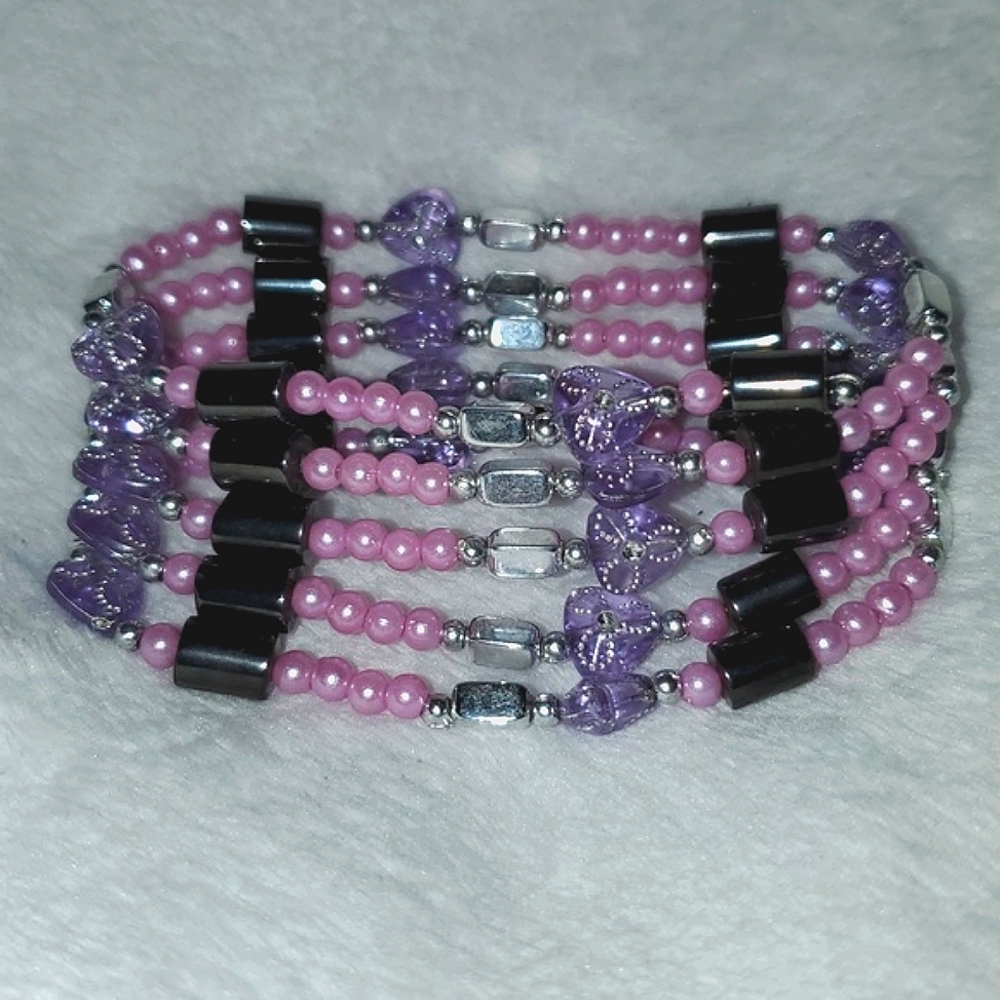 Hematite Wrap Bracelet Necklace With Pink and Purple Beaded Accents